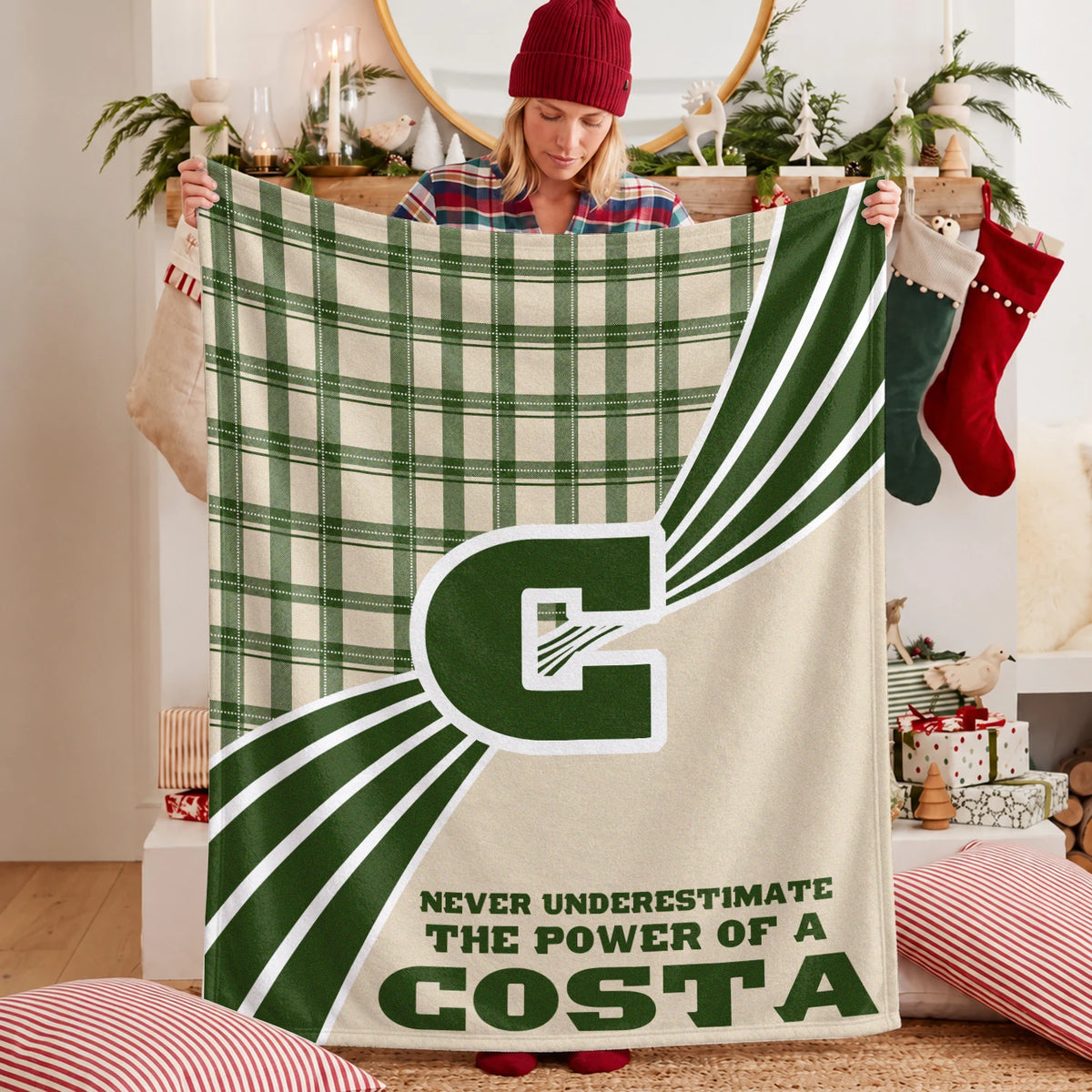 Never Underestimate Your Name Green & Cream Plaid Fleece Blanket COSTA 13K1 BK50