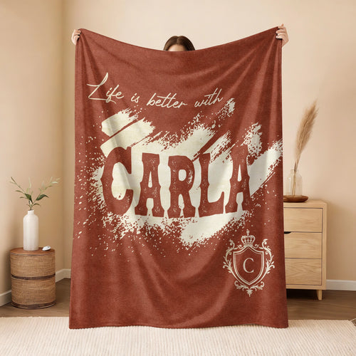 Life Is Better With Your Name Terracotta Cream Fleece Blanket CARLA 13K1 BK30