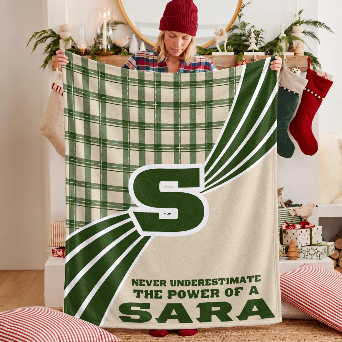 Never Underestimate Your Name Green & Cream Plaid Fleece Blanket SARA 13K1 BK50
