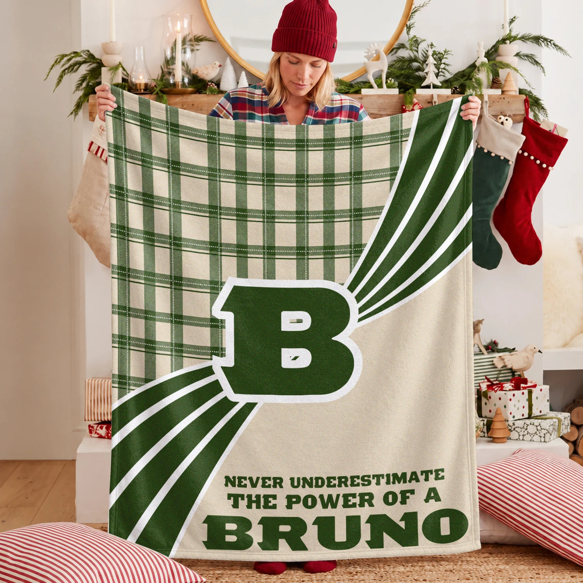 Never Underestimate Your Name Green & Cream Plaid Fleece Blanket BRUNO 13K1 BK50