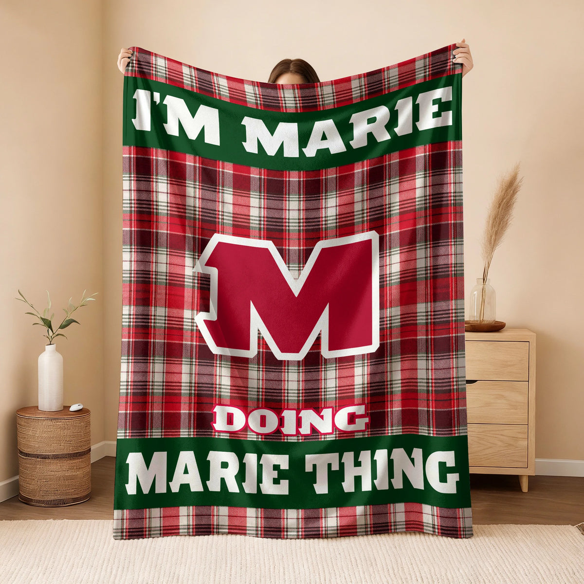 I'm Name Doing Name Things Red Plaid Fleece Blanket MARIE 13K1 BK49