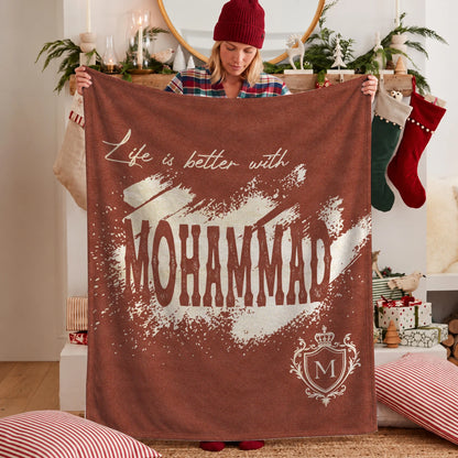 Life Is Better With Your Name Terracotta Cream Fleece Blanket MOHAMMAD 13K1 BK30