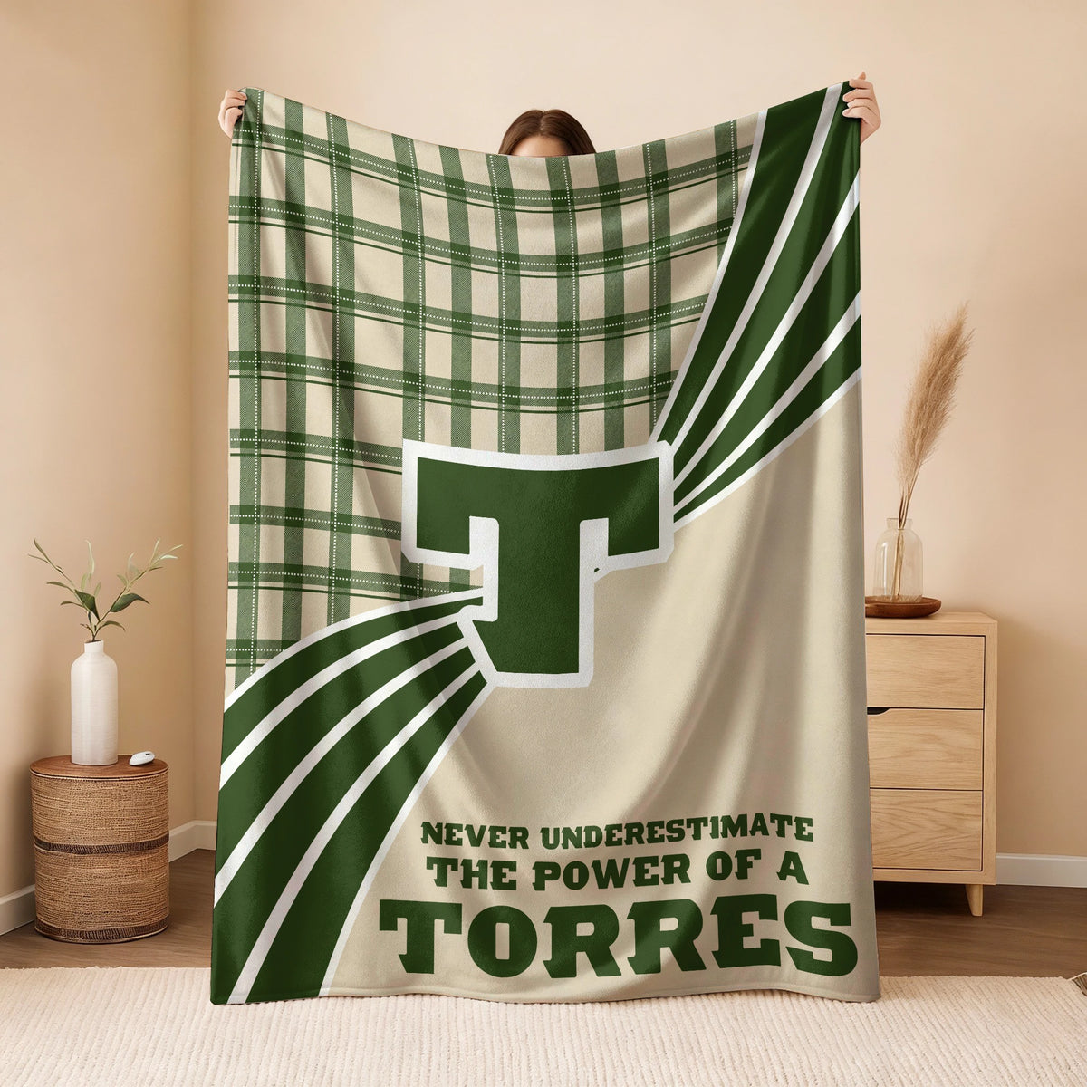 Never Underestimate Your Name Green & Cream Plaid Fleece Blanket TORRES 13K1 BK50