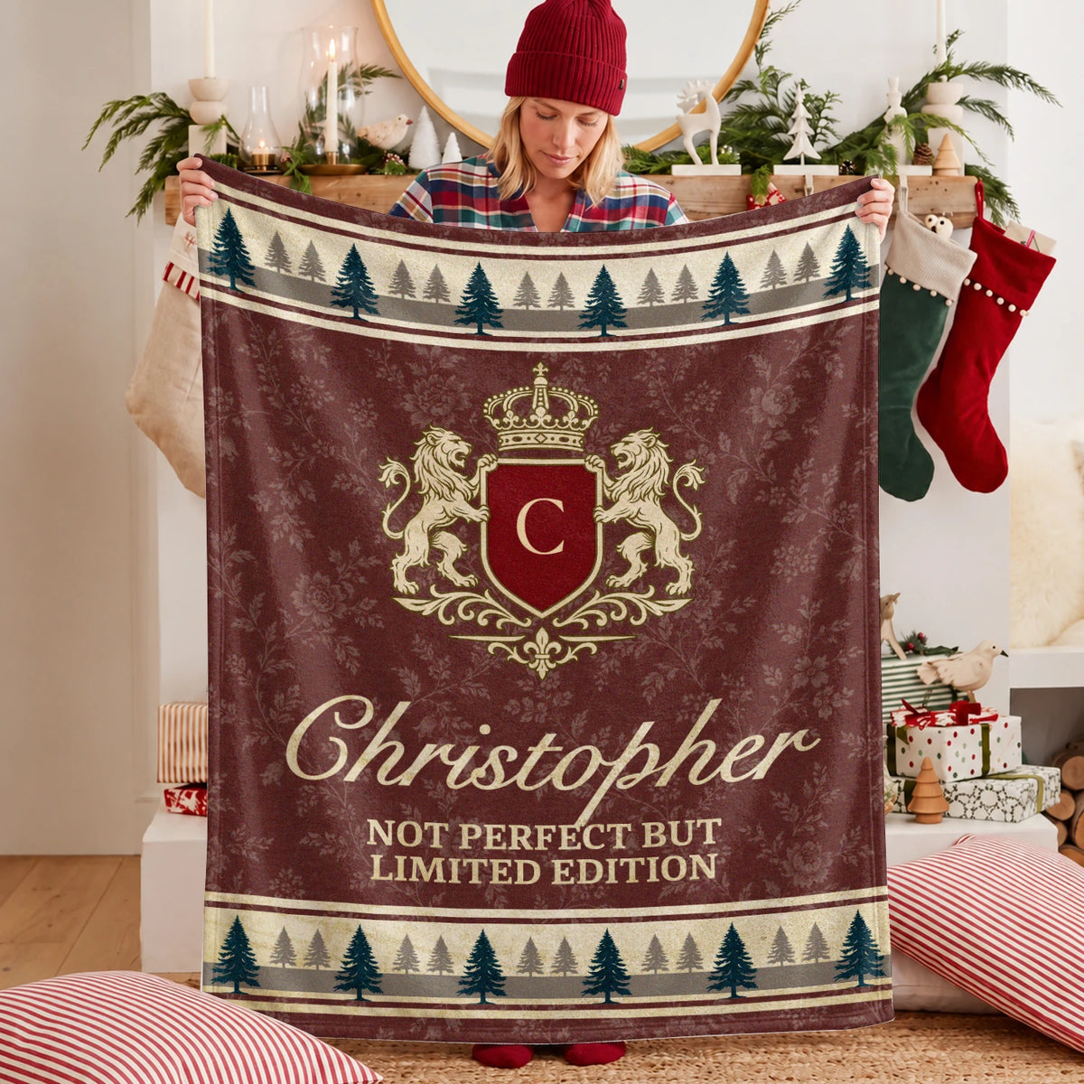Not Perfect But Limited Edition Burgundy Pine Tree Fleece Blanket CHRISTOPHER 13K1 BK41