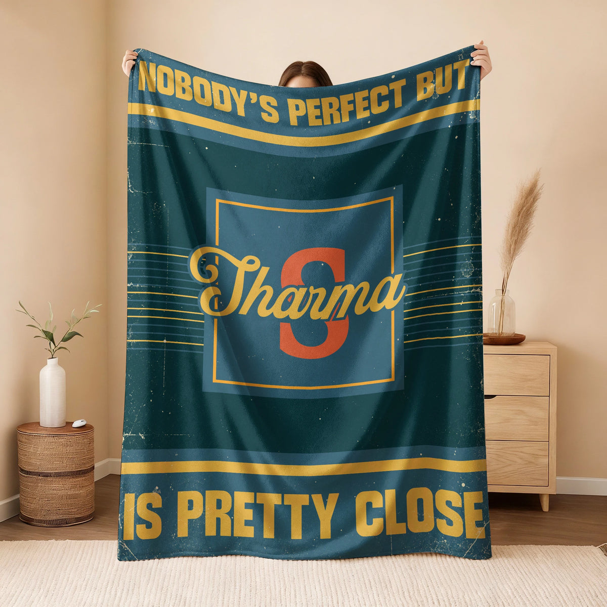 Nobody's Perfect But Your Name Is Close Vintage Blue & Brown Fleece Blanket SHARMA 13K1 BK54