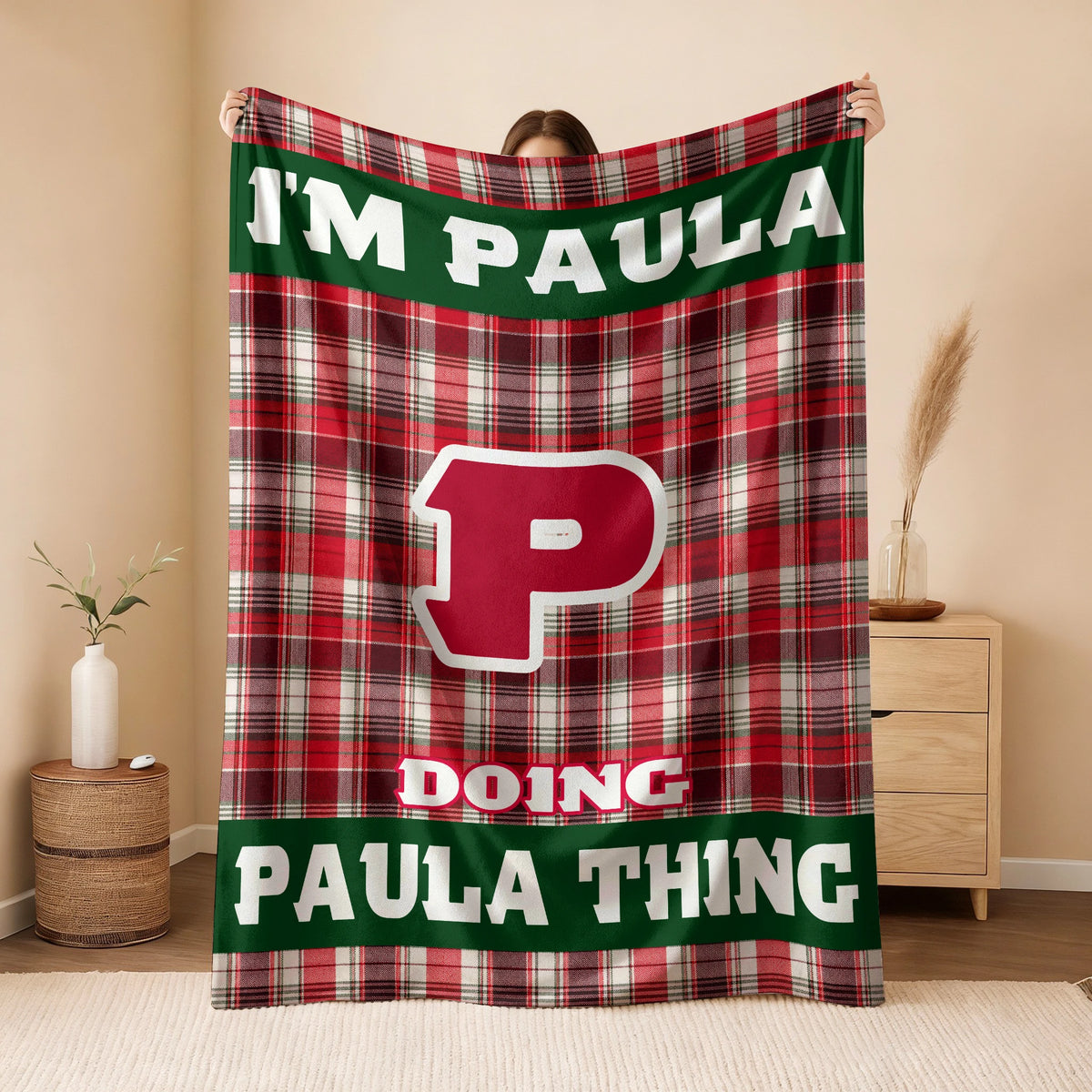 I'm Name Doing Name Things Red Plaid Fleece Blanket PAULA 13K1 BK49