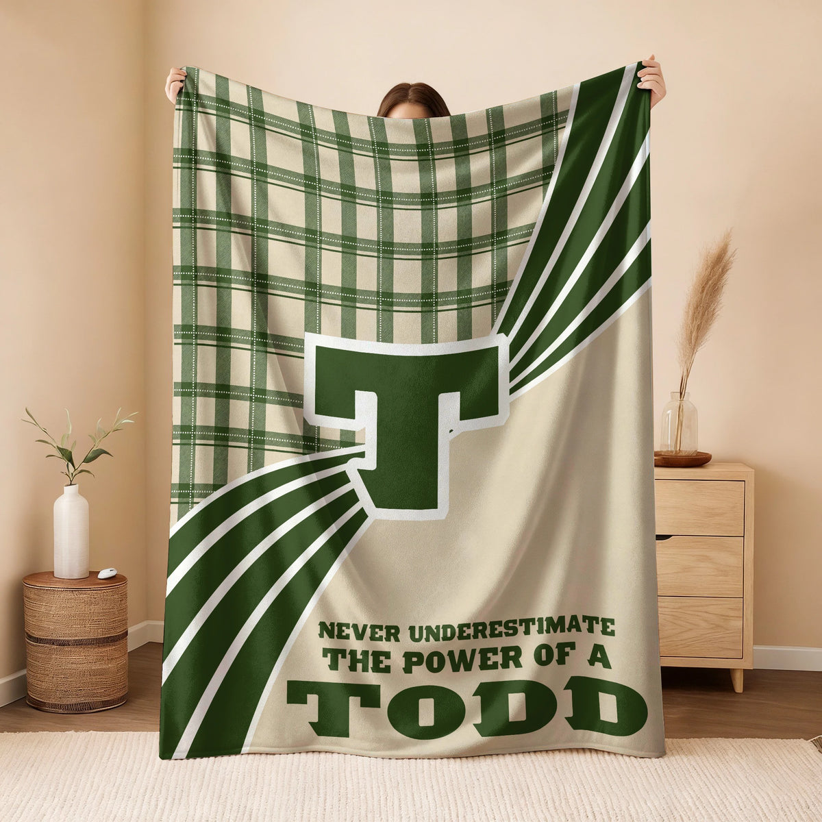 Never Underestimate Your Name Green & Cream Plaid Fleece Blanket TODD 13K1 BK50