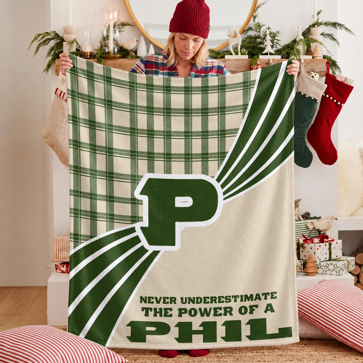 Never Underestimate Your Name Green & Cream Plaid Fleece Blanket PHIL 13K1 BK50