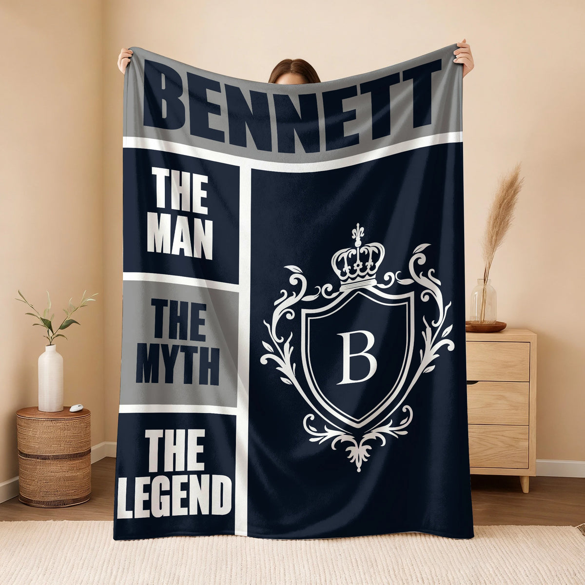 The Man The Myth The Legend Navy Gray & Gold Fleece Blanket  BENNETT 13K1 BK09