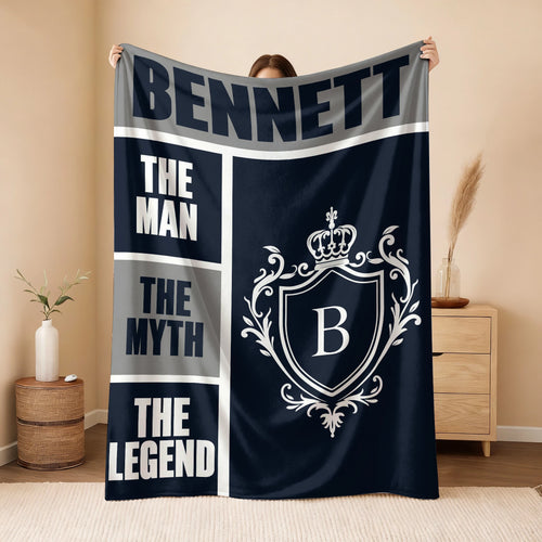 The Man The Myth The Legend Navy Gray & Gold Fleece Blanket  BENNETT 13K1 BK09