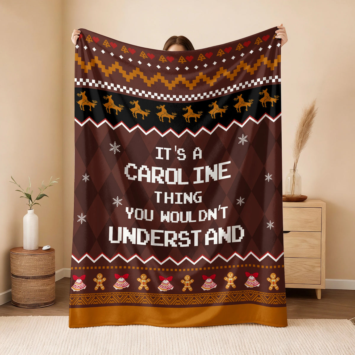 Your Name Thing Funny Deer Brown Christmas Fleece Blanket CAROLINE 13K1 BK27