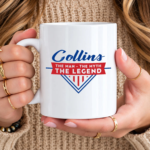 The Man The Myth The Legend Red And Blue Logo Mug COLLINS 13K1 MG34