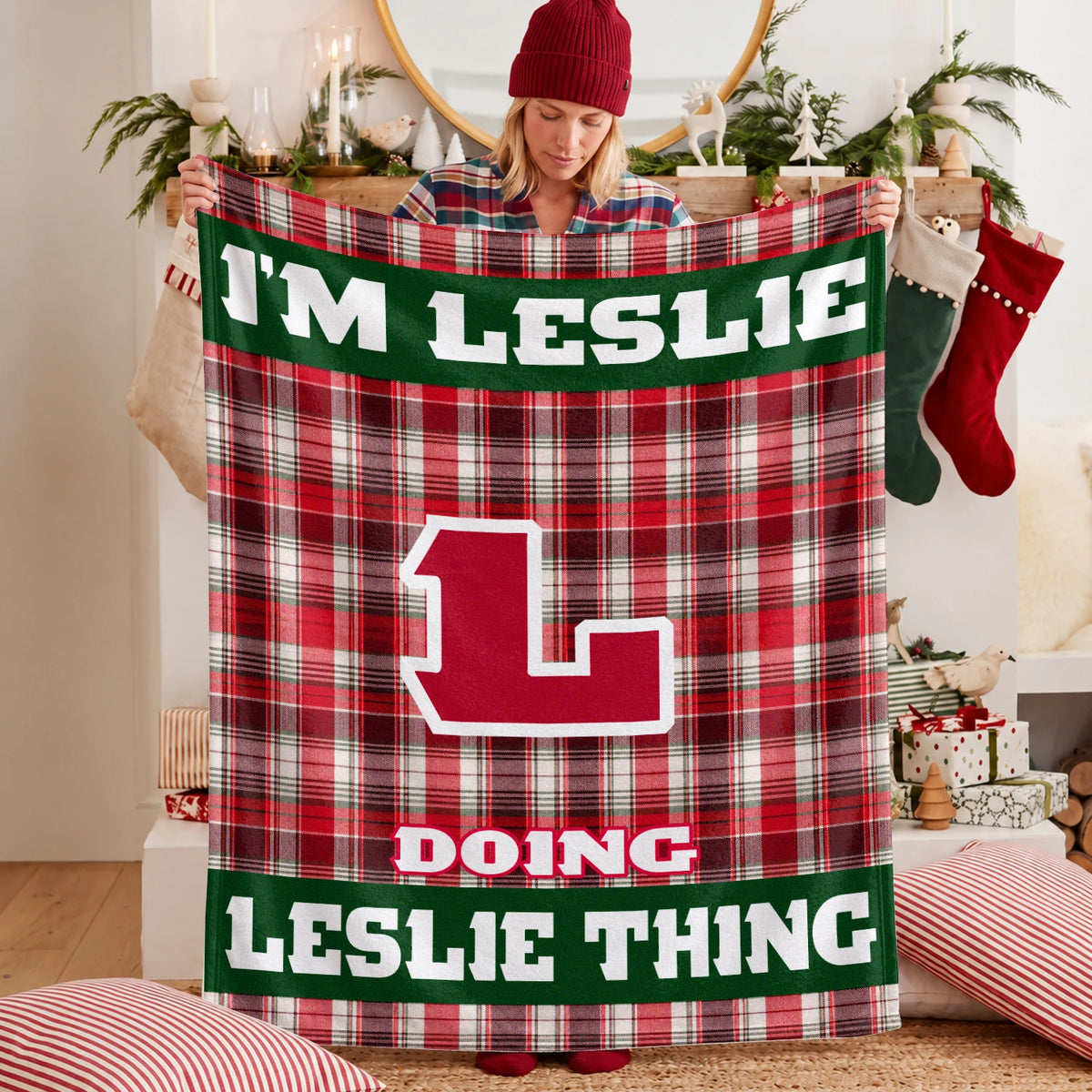 I'm Name Doing Name Things Red Plaid Fleece Blanket LESLIE 13K1 BK49