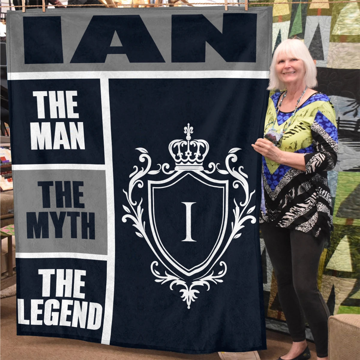 The Man The Myth The Legend Navy Gray & Gold Fleece Blanket  IAN 13K1 BK09