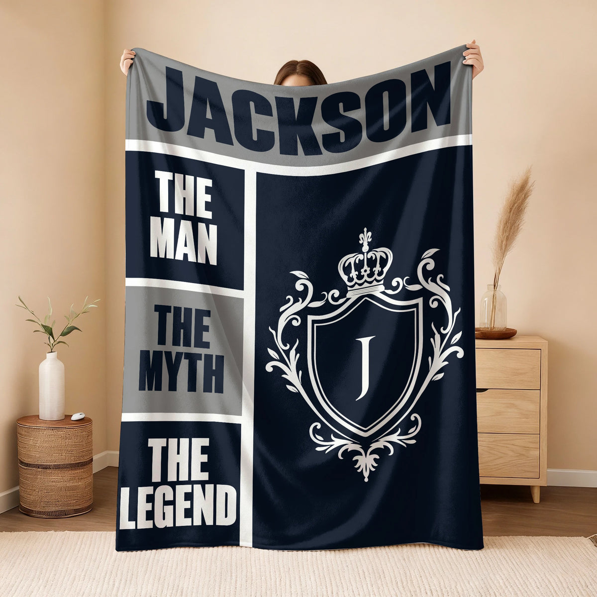 The Man The Myth The Legend Navy Gray & Gold Fleece Blanket  JACKSON 13K1 BK09