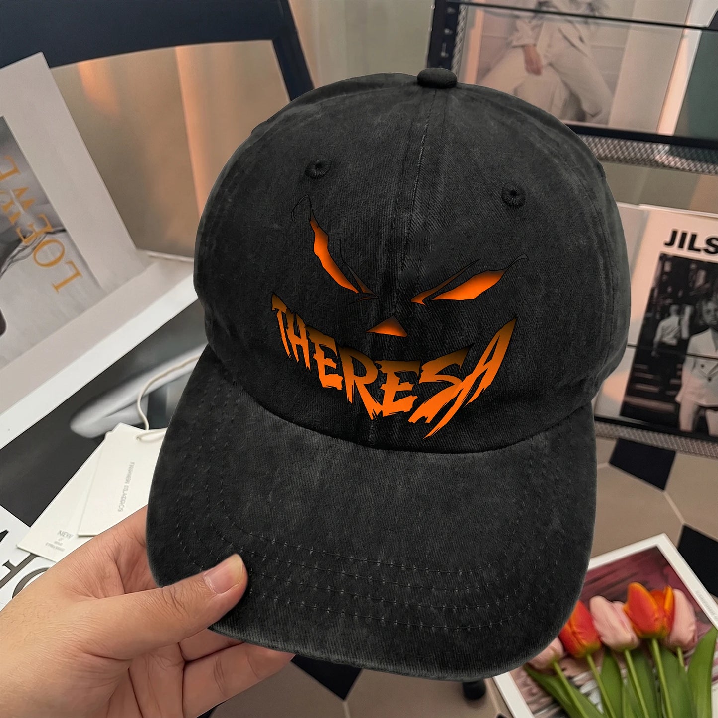 Your Name Jack O' Lantern Halloween Washed Cap THERESA 13K1 C100PF