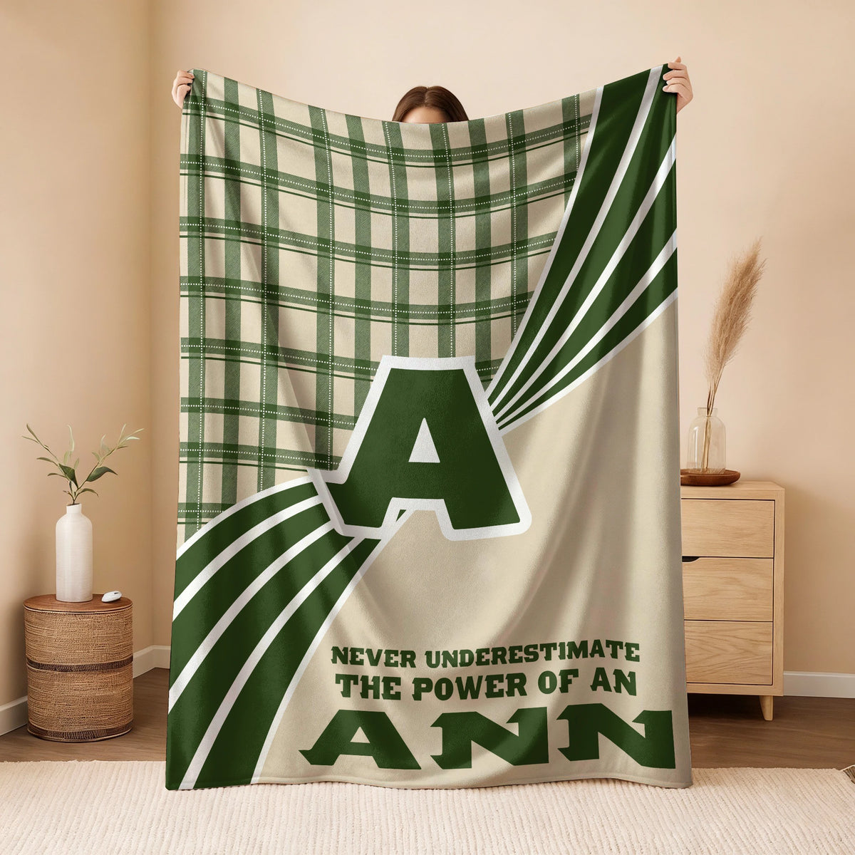 Never Underestimate Your Name Green & Cream Plaid Fleece Blanket ANN 13K1 BK50