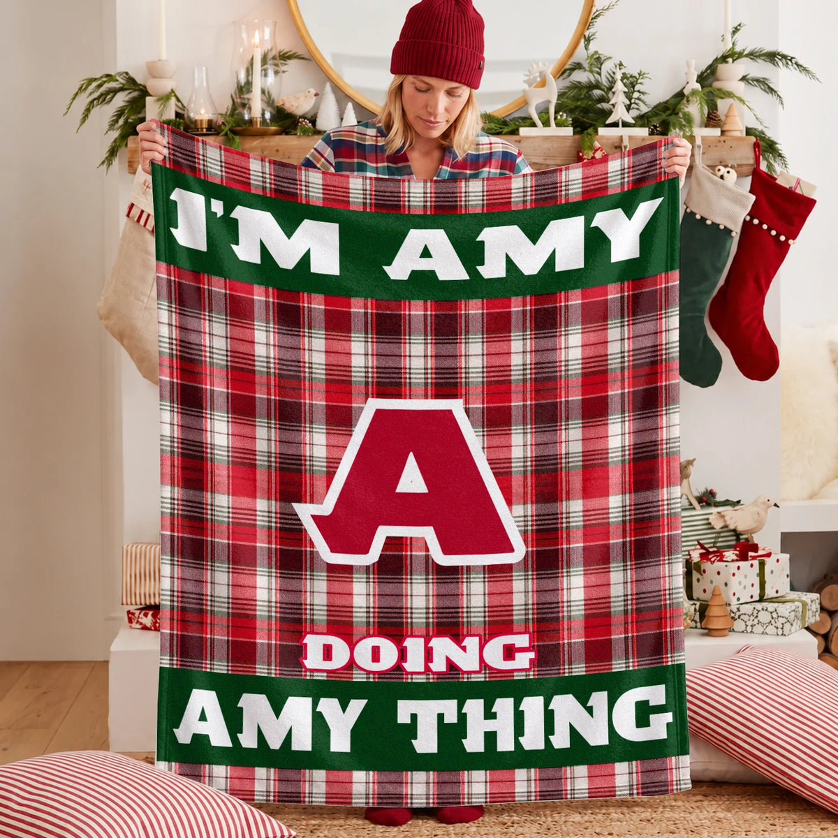 I'm Name Doing Name Things Red Plaid Fleece Blanket AMY 13K1 BK49