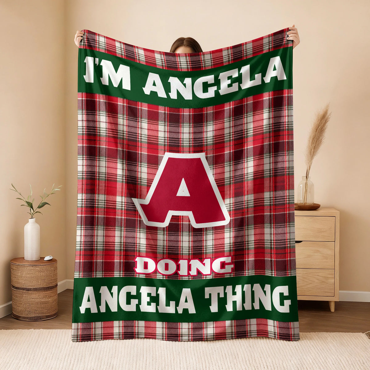 I'm Name Doing Name Things Red Plaid Fleece Blanket ANGELA 13K1 BK49