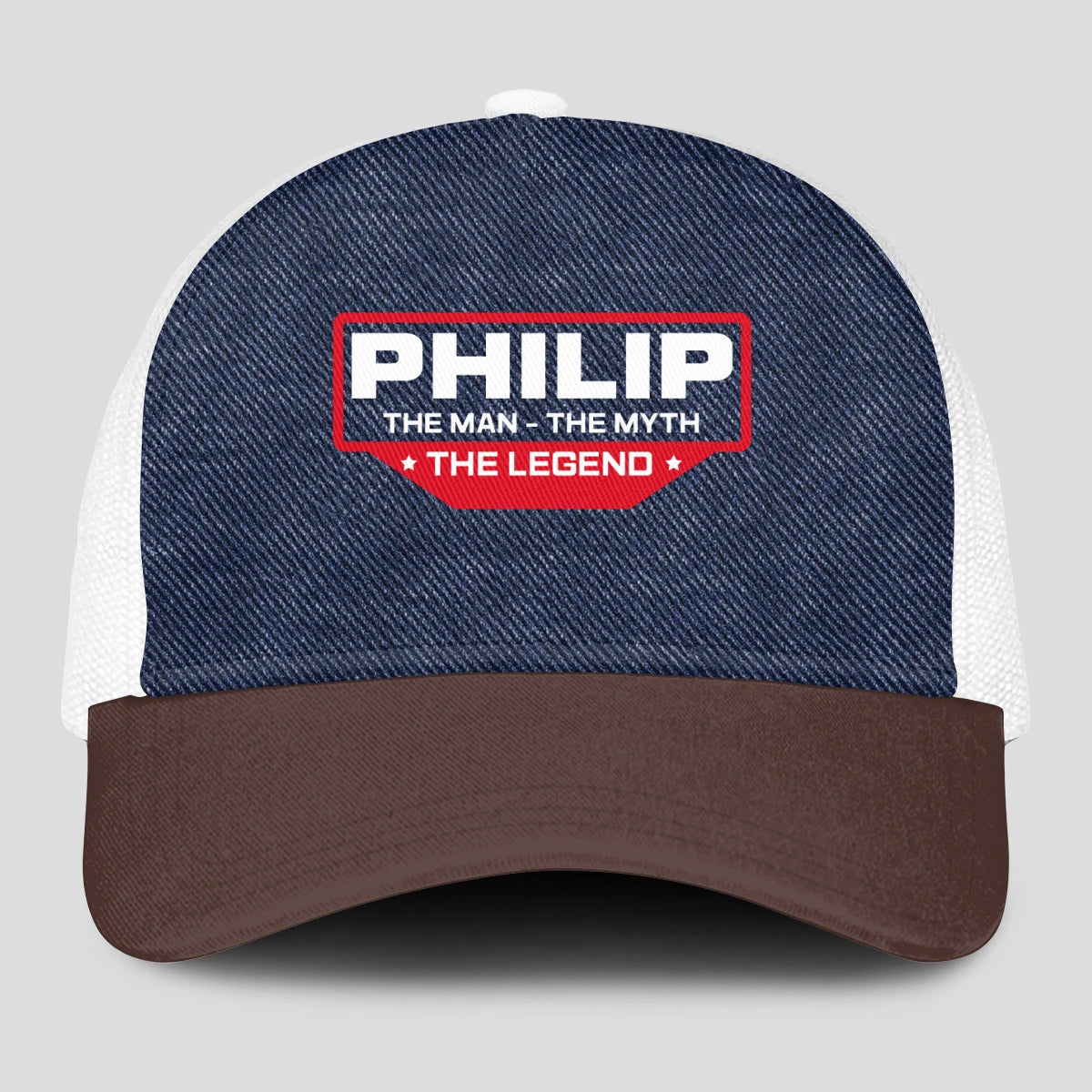 The Man The Myth The Legend Navy Brown And White Mesh Cap PHILIP 13K1 C200PF