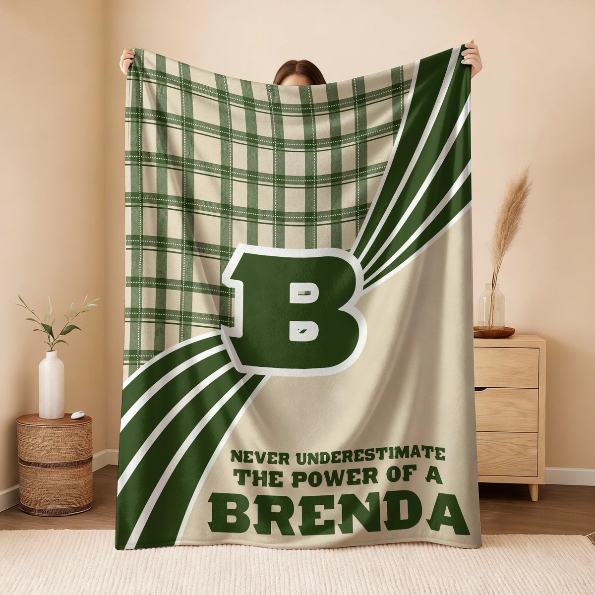 Never Underestimate Your Name Green & Cream Plaid Fleece Blanket BRENDA 13K1 BK50