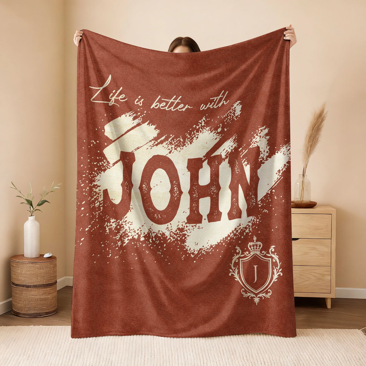 Life Is Better With Your Name Terracotta Cream Fleece Blanket JOHN 13K1 BK30