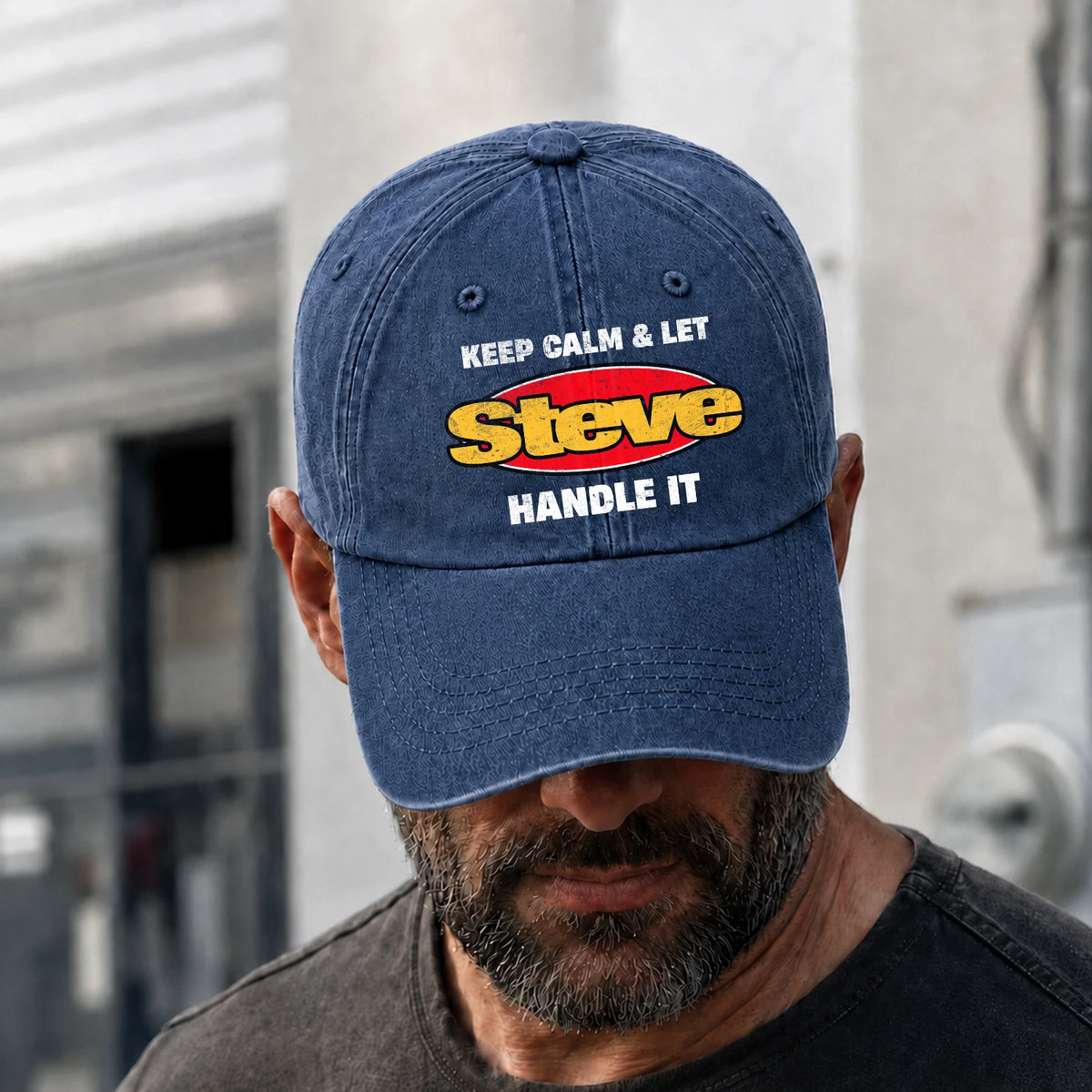 Keep Calm & Let Your Name Handle It Yellow And Red Logo Washed Cap STEVE 13K1 C172PF
