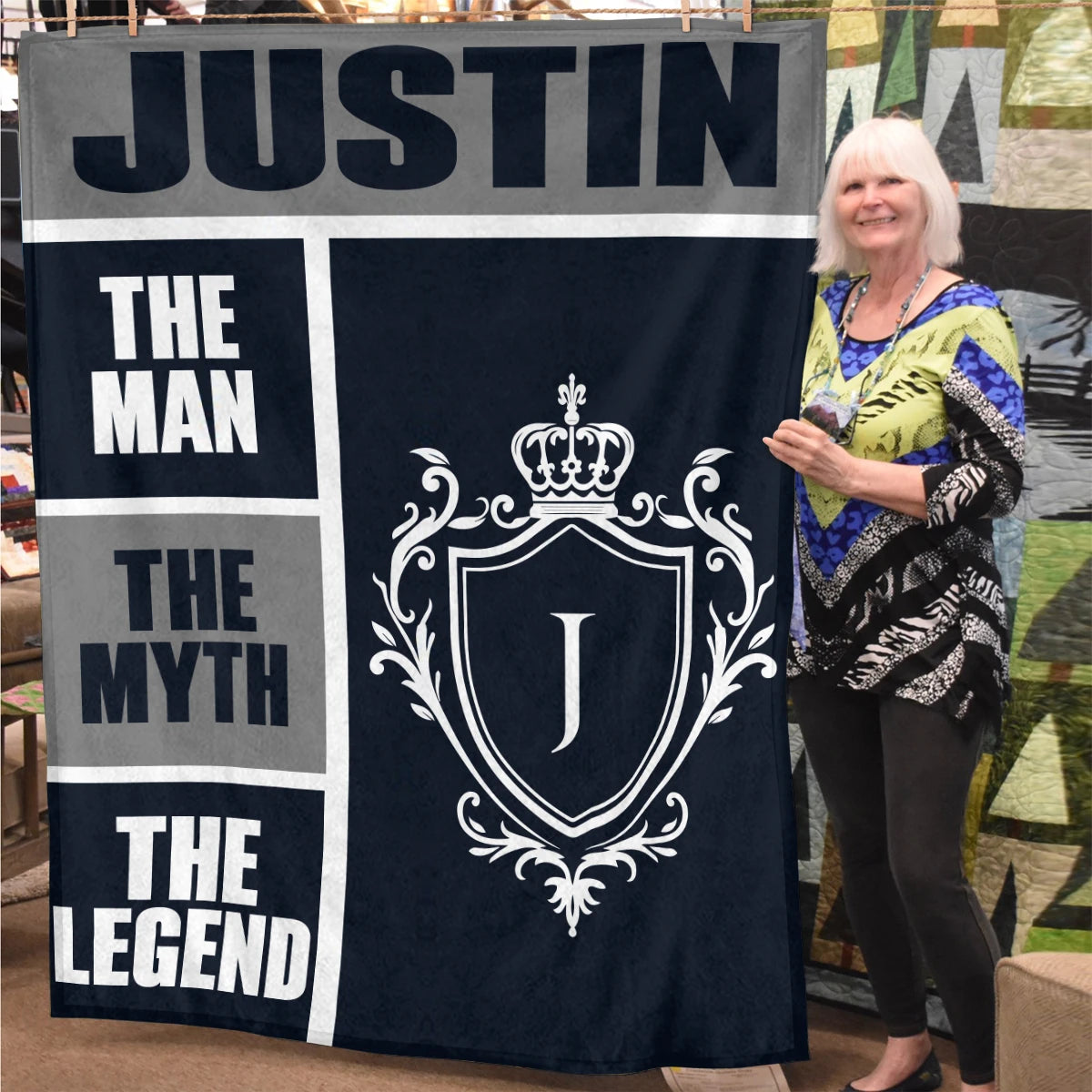 The Man The Myth The Legend Navy Gray & Gold Fleece Blanket  JUSTIN 13K1 BK09