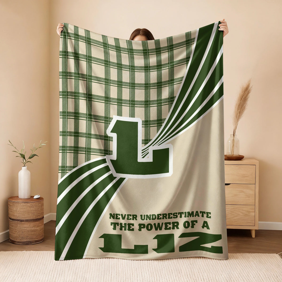 Never Underestimate Your Name Green & Cream Plaid Fleece Blanket LIZ 13K1 BK50