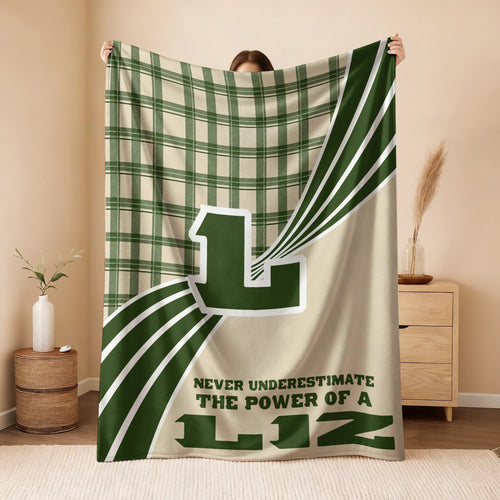 Never Underestimate Your Name Green & Cream Plaid Fleece Blanket LIZ 13K1 BK50