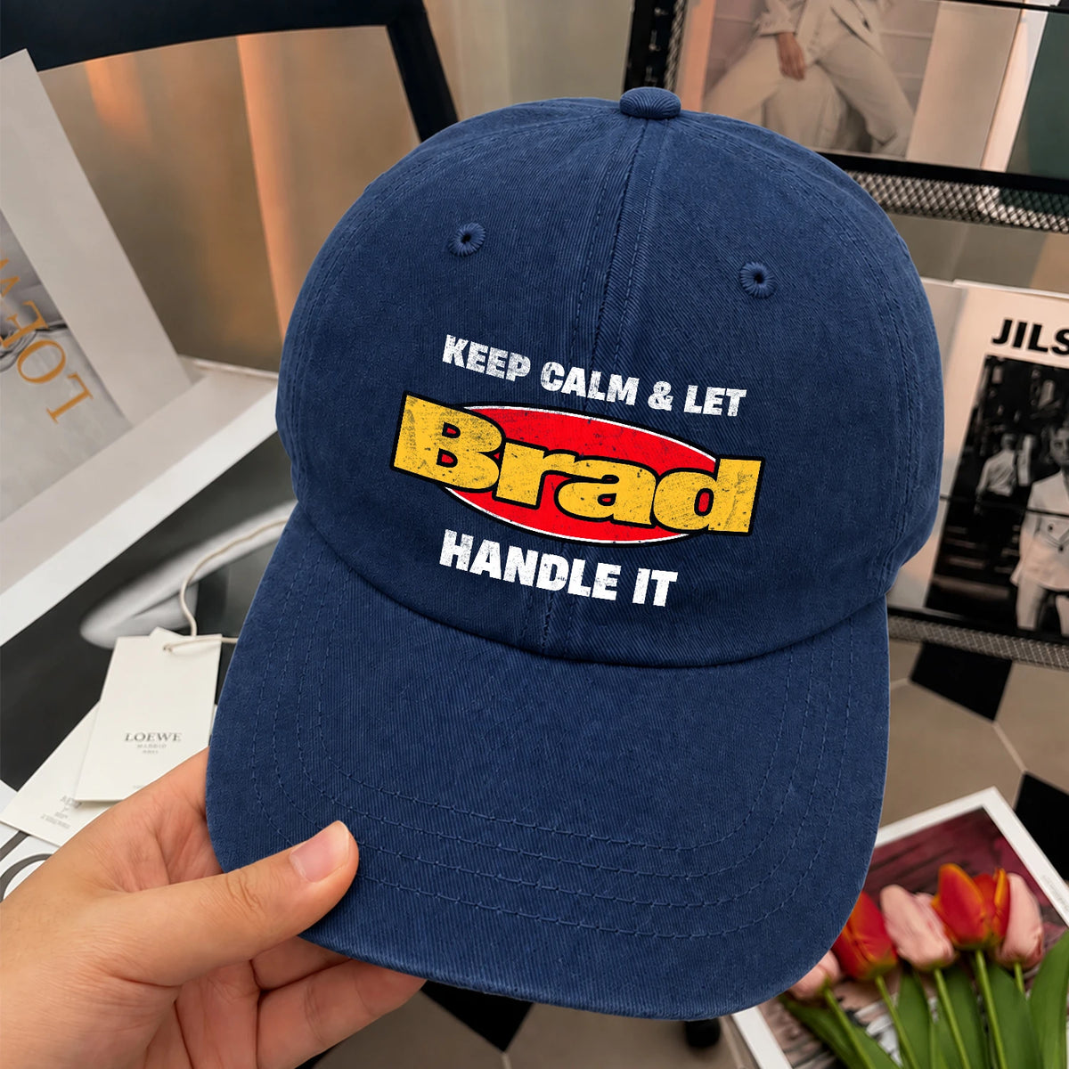Keep Calm & Let Your Name Handle It Yellow And Red Logo Washed Cap BRAD 13K1 C172PF