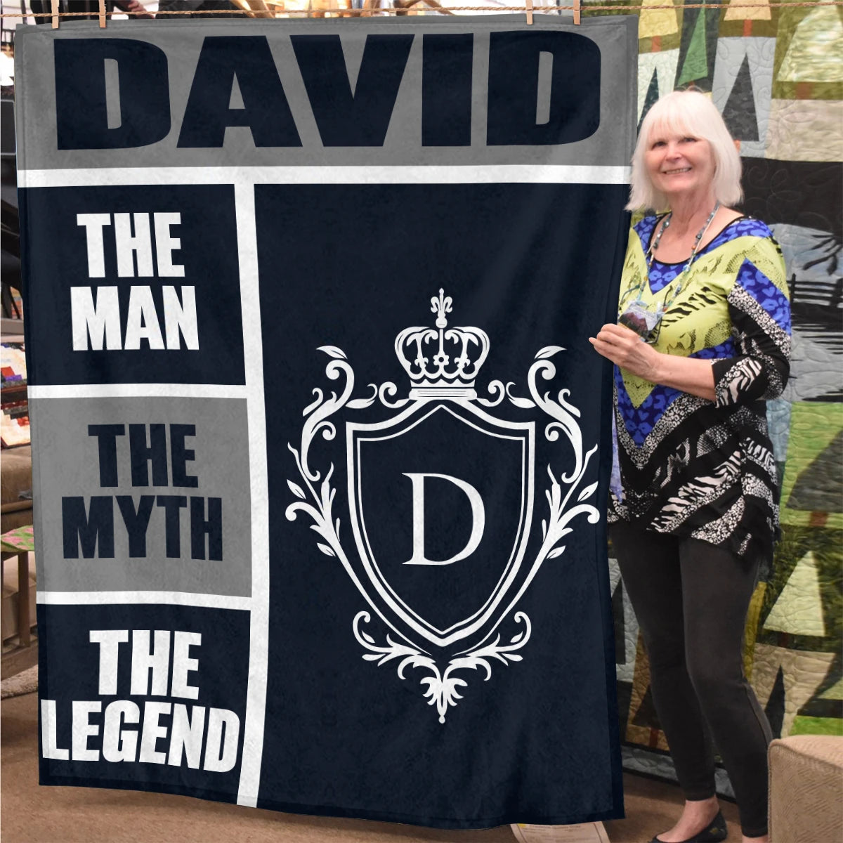 The Man The Myth The Legend Navy Gray & Gold Fleece Blanket  DAVID 13K1 BK09