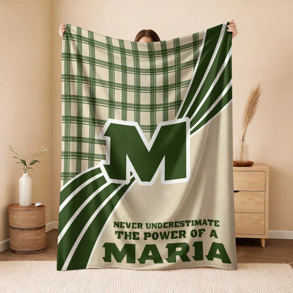 Never Underestimate Your Name Green & Cream Plaid Fleece Blanket MARIA 13K1 BK50