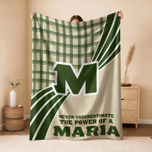 Never Underestimate Your Name Green & Cream Plaid Fleece Blanket MARIA 13K1 BK50