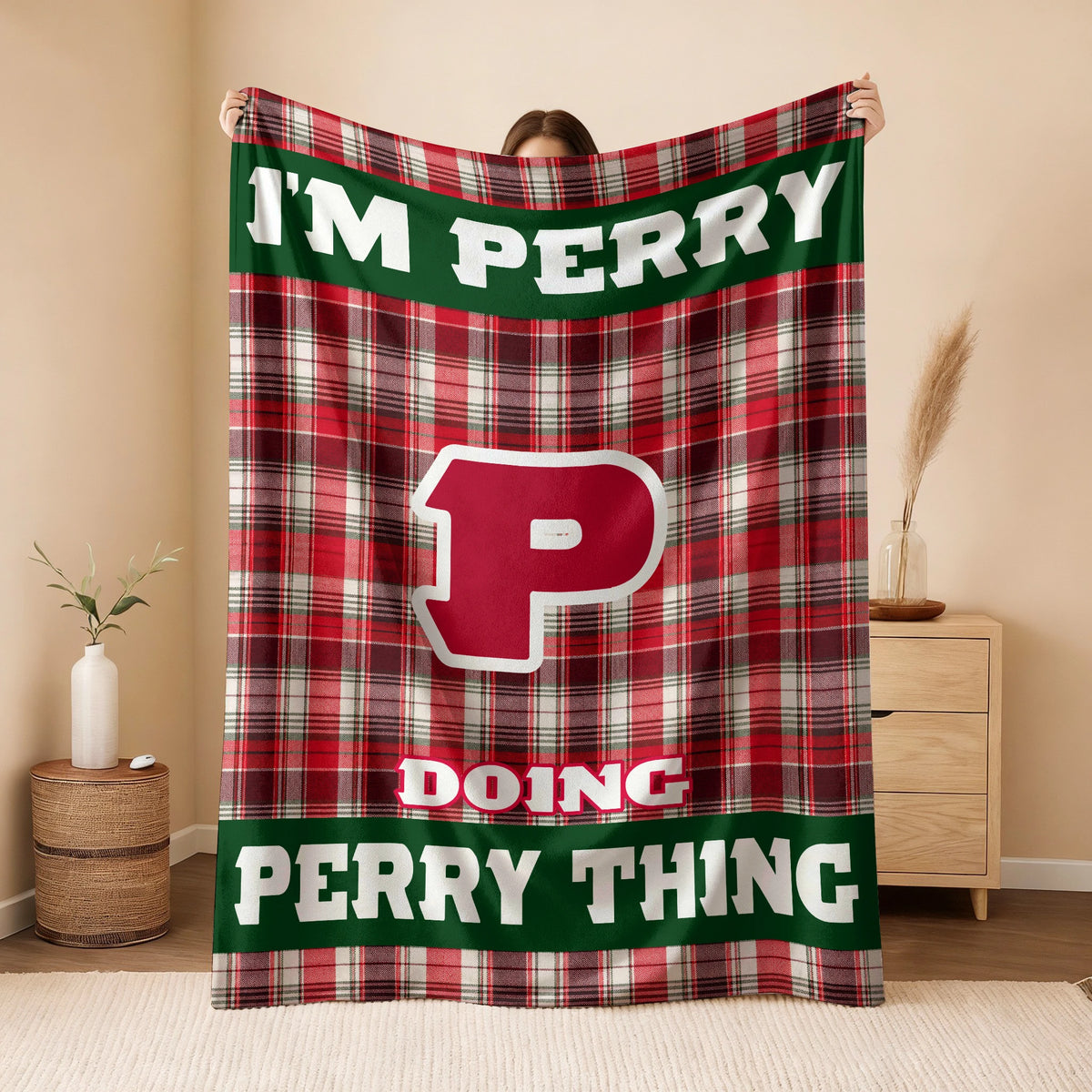 I'm Name Doing Name Things Red Plaid Fleece Blanket PERRY 13K1 BK49