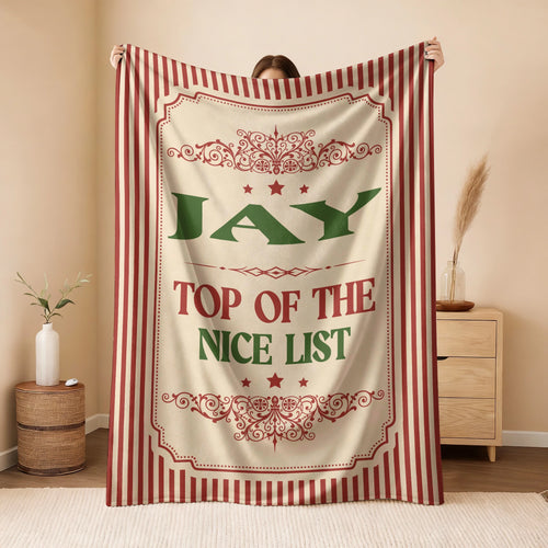 Your Name Nice List Red Striped Christmas Fleece Blanket JAY 13K1 BK60