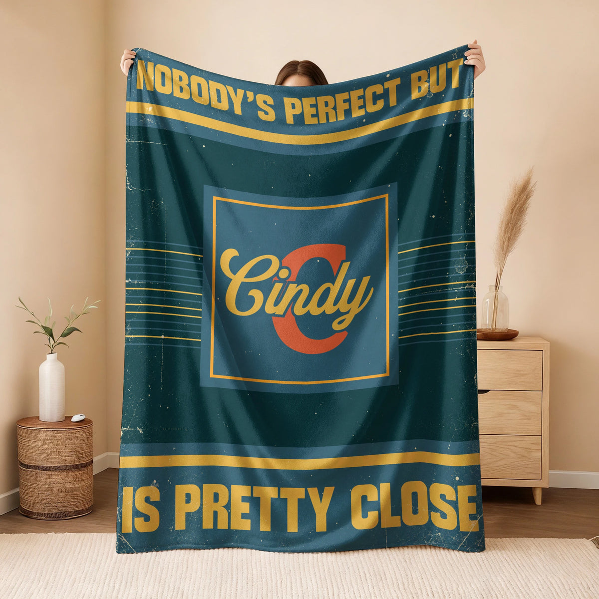 Nobody's Perfect But Your Name Is Close Vintage Blue & Brown Fleece Blanket CINDY 13K1 BK54