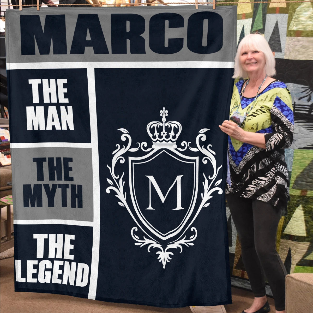 The Man The Myth The Legend Navy Gray & Gold Fleece Blanket  MARCO 13K1 BK09