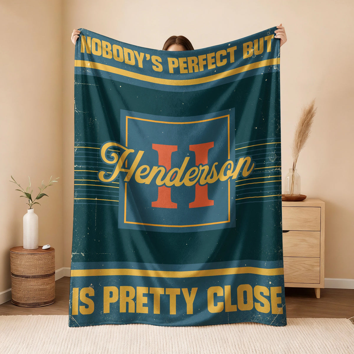 Nobody's Perfect But Your Name Is Close Vintage Blue & Brown Fleece Blanket HENDERSON 13K1 BK54