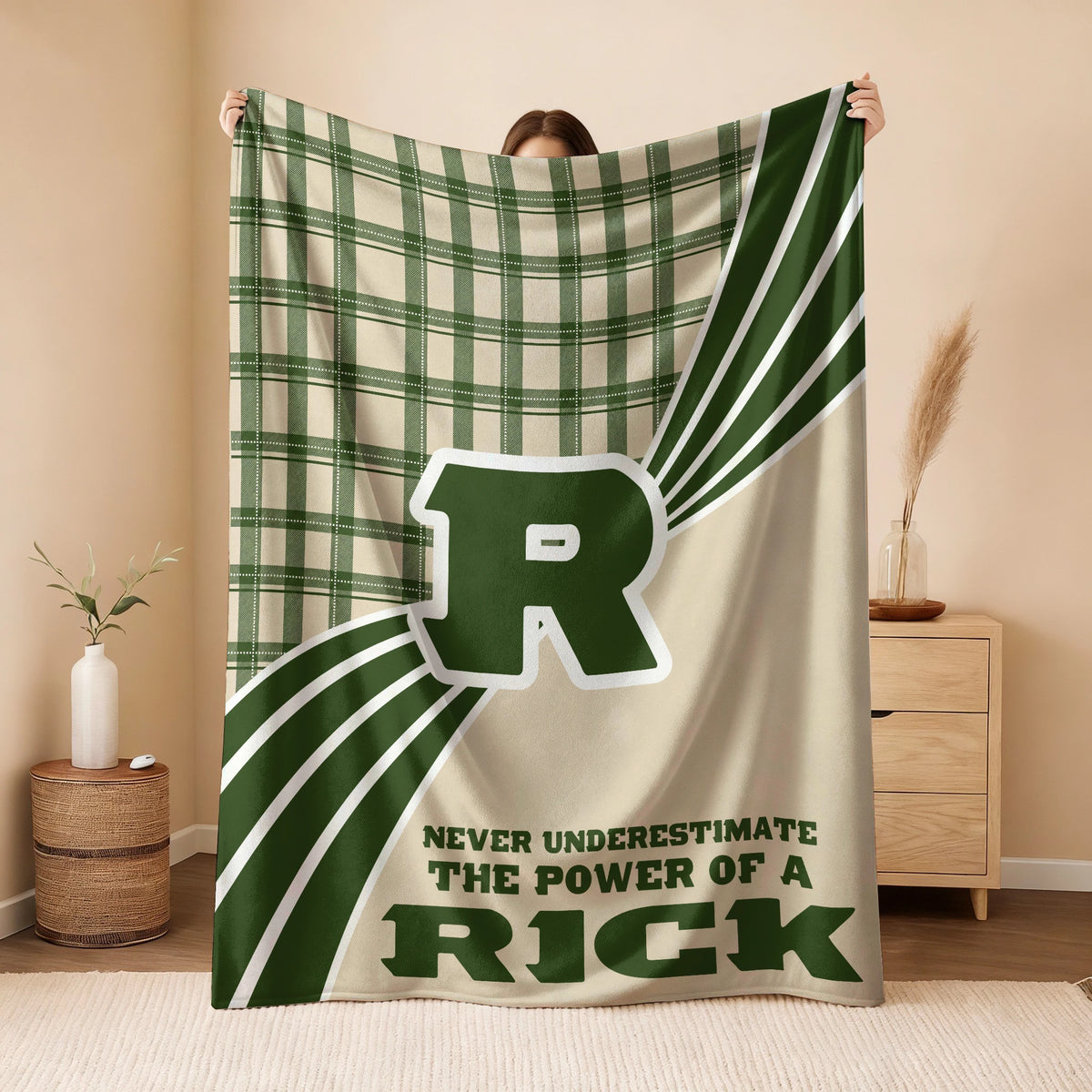 Never Underestimate Your Name Green & Cream Plaid Fleece Blanket RICK 13K1 BK50
