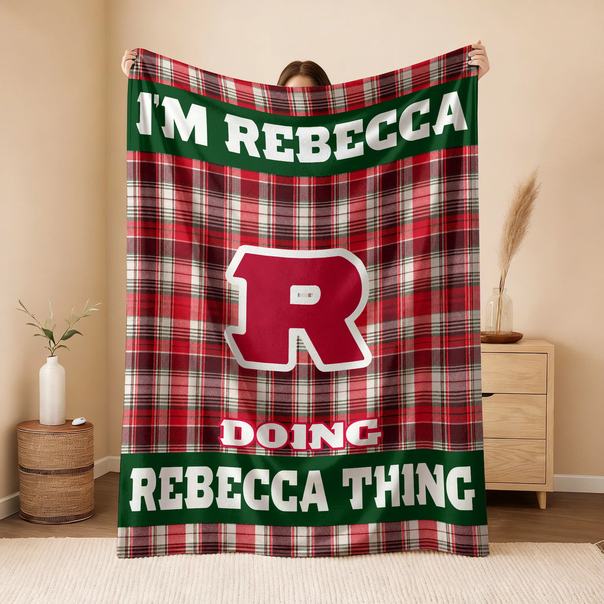 I'm Name Doing Name Things Red Plaid Fleece Blanket REBECCA 13K1 BK49