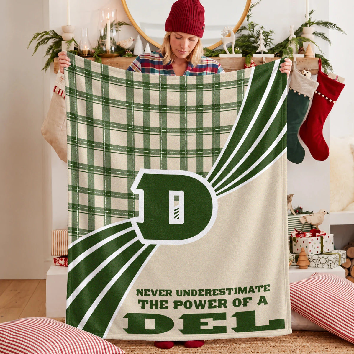 Never Underestimate Your Name Green & Cream Plaid Fleece Blanket DEL 13K1 BK50