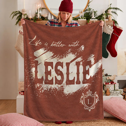 Life Is Better With Your Name Terracotta Cream Fleece Blanket LESLIE 13K1 BK30