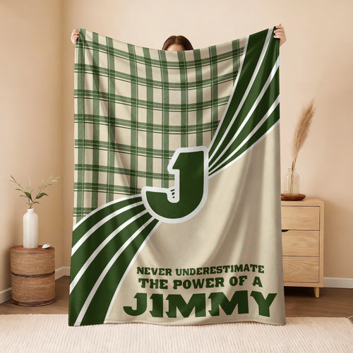 Never Underestimate Your Name Green & Cream Plaid Fleece Blanket JIMMY 13K1 BK50