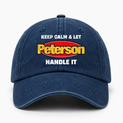 Keep Calm & Let Your Name Handle It Yellow And Red Logo Washed Cap PETERSON 13K1 C172PF