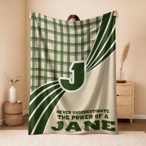 Never Underestimate Your Name Green & Cream Plaid Fleece Blanket JANE 13K1 BK50