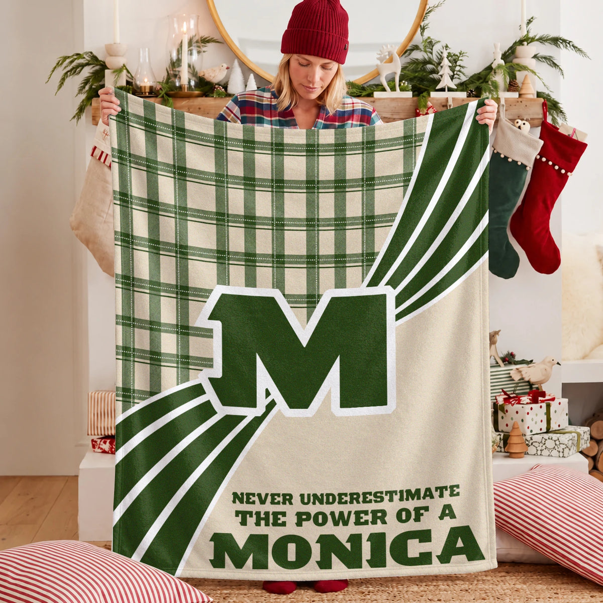 Never Underestimate Your Name Green & Cream Plaid Fleece Blanket MONICA 13K1 BK50