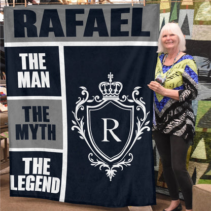 The Man The Myth The Legend Navy Gray & Gold Fleece Blanket  RAFAEL 13K1 BK09