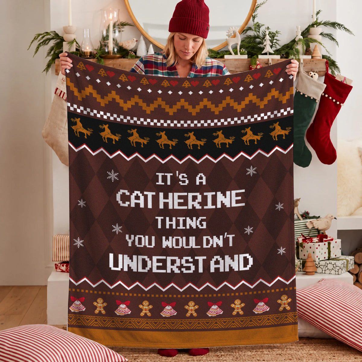 Your Name Thing Funny Deer Brown Christmas Fleece Blanket CATHERINE 13K1 BK27