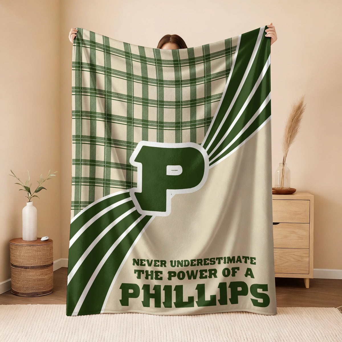 Never Underestimate Your Name Green & Cream Plaid Fleece Blanket PHILLIPS 13K1 BK50